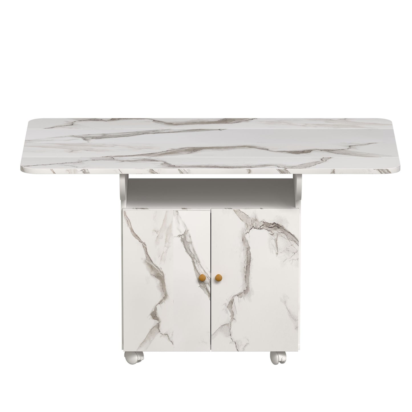 Versatile Marble Folding Dining Table With Storage Rack And Cabinet, 6 Wheels - White Home Essentials