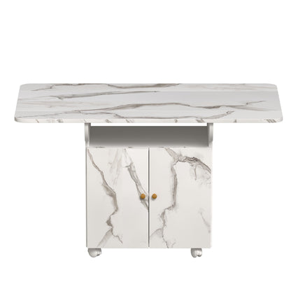Versatile Marble Folding Dining Table With Storage Rack And Cabinet, 6 Wheels - White Home Essentials