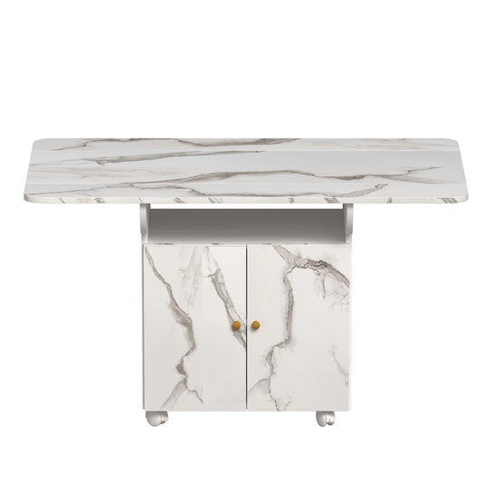Versatile Marble Folding Dining Table With Storage Rack And Cabinet, 6 Wheels - White Home Essentials