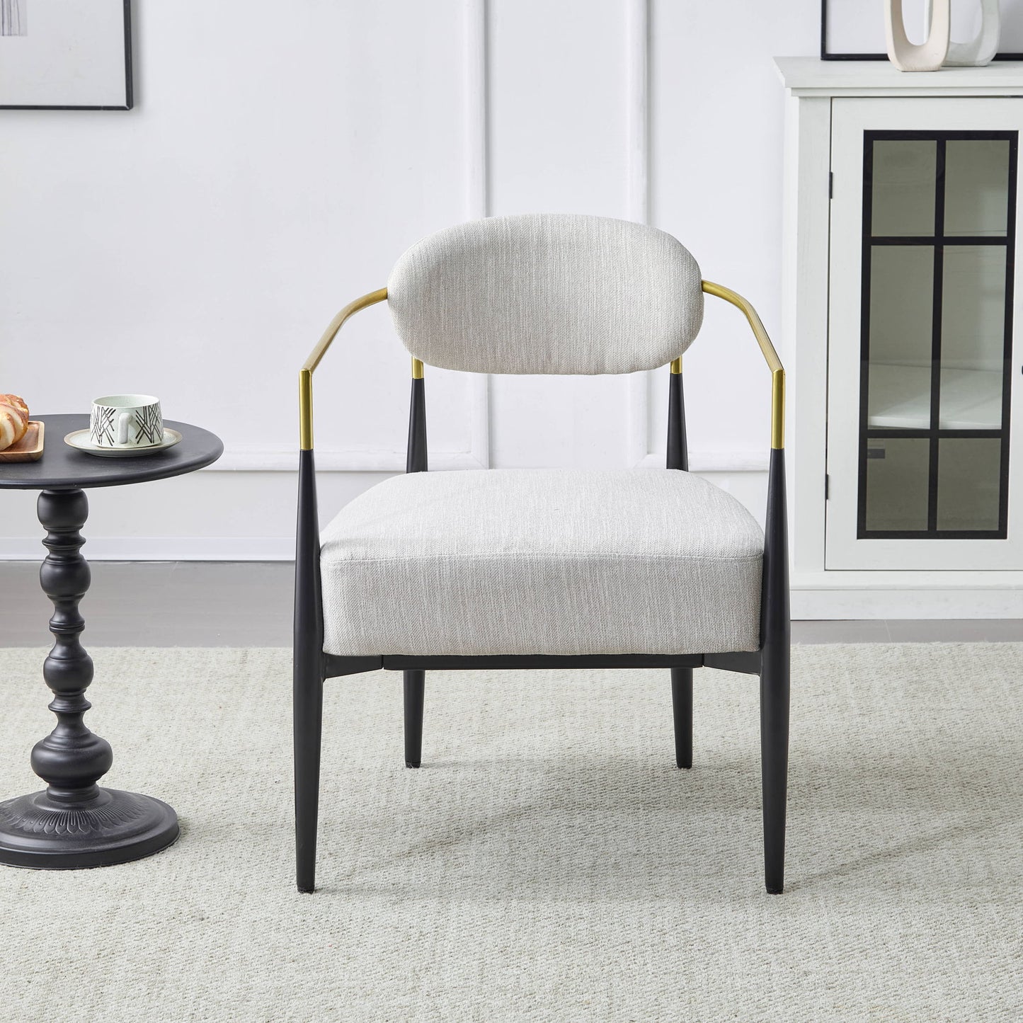 Mid Century Modern Upholstered Accent Armchair With Tapered Legs - Beige / Black / Gold Noble House