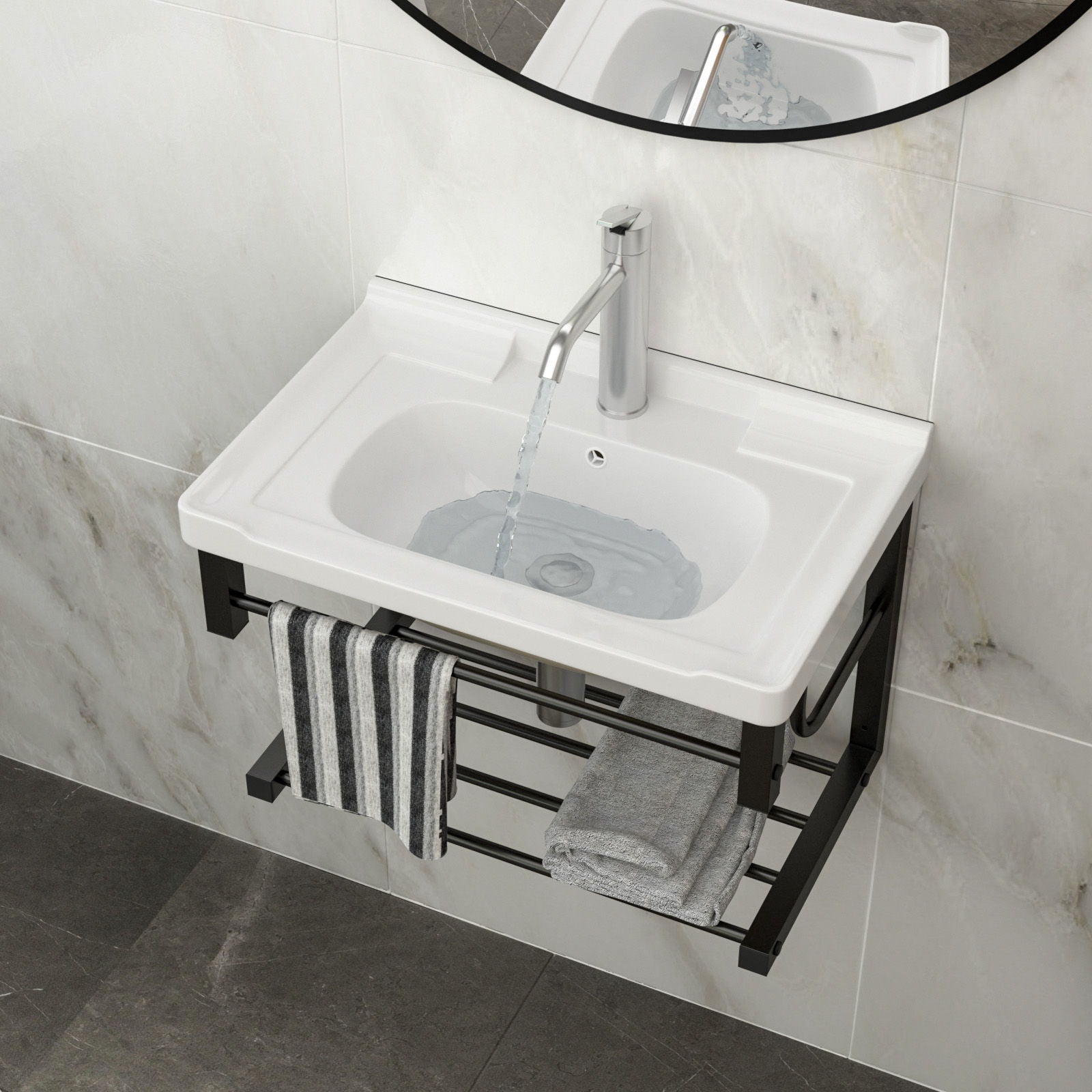 Wall Mounted Rectangular Bathroom Sink With Towel Bar & Overflow - White Home Essentials