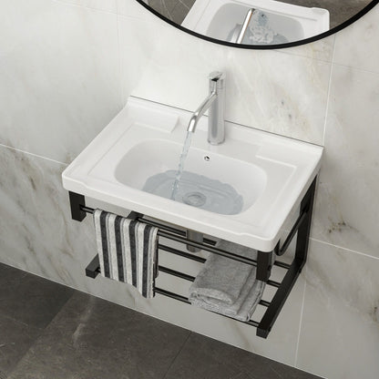 Wall Mounted Rectangular Bathroom Sink With Towel Bar & Overflow - White Home Essentials