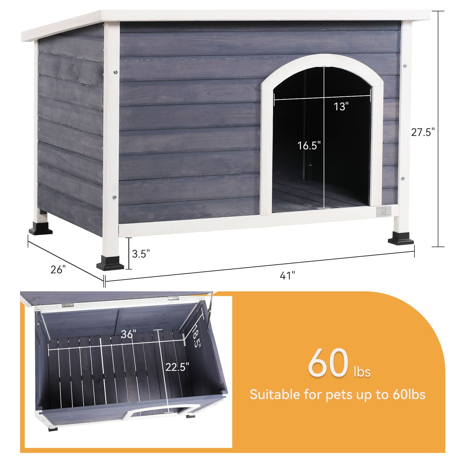 Medium Wooden Outdoor Dog House, Waterproof Roof, Elevated Floor - Gray Daily Nest