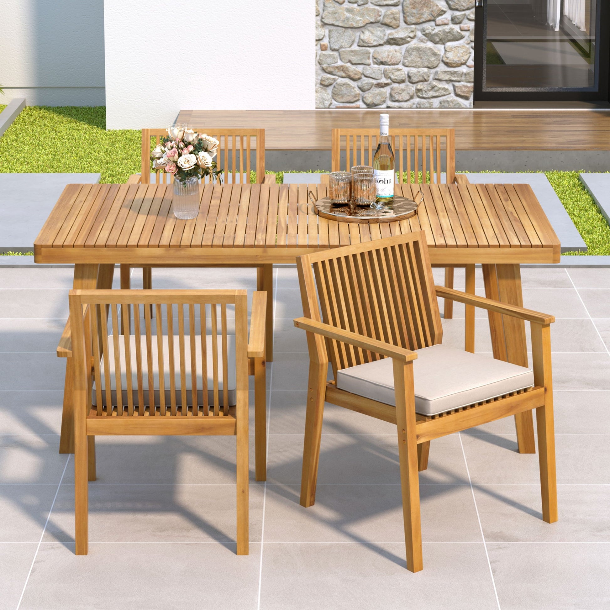 5 Piece Patio Furniture Set Acacia Wood Table And 4 Heavy Duty Cushioned Chairs Noble House