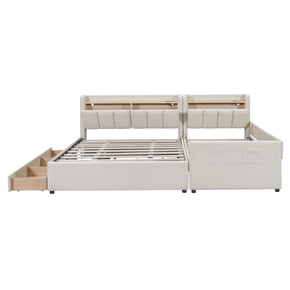 Upholstered Mother & Child Bed With Hydraulic Storage System, Drawer Box, Bedhead Storage Shelf And 2 Pairs Of Sockets & USB Ports Halcyon Home