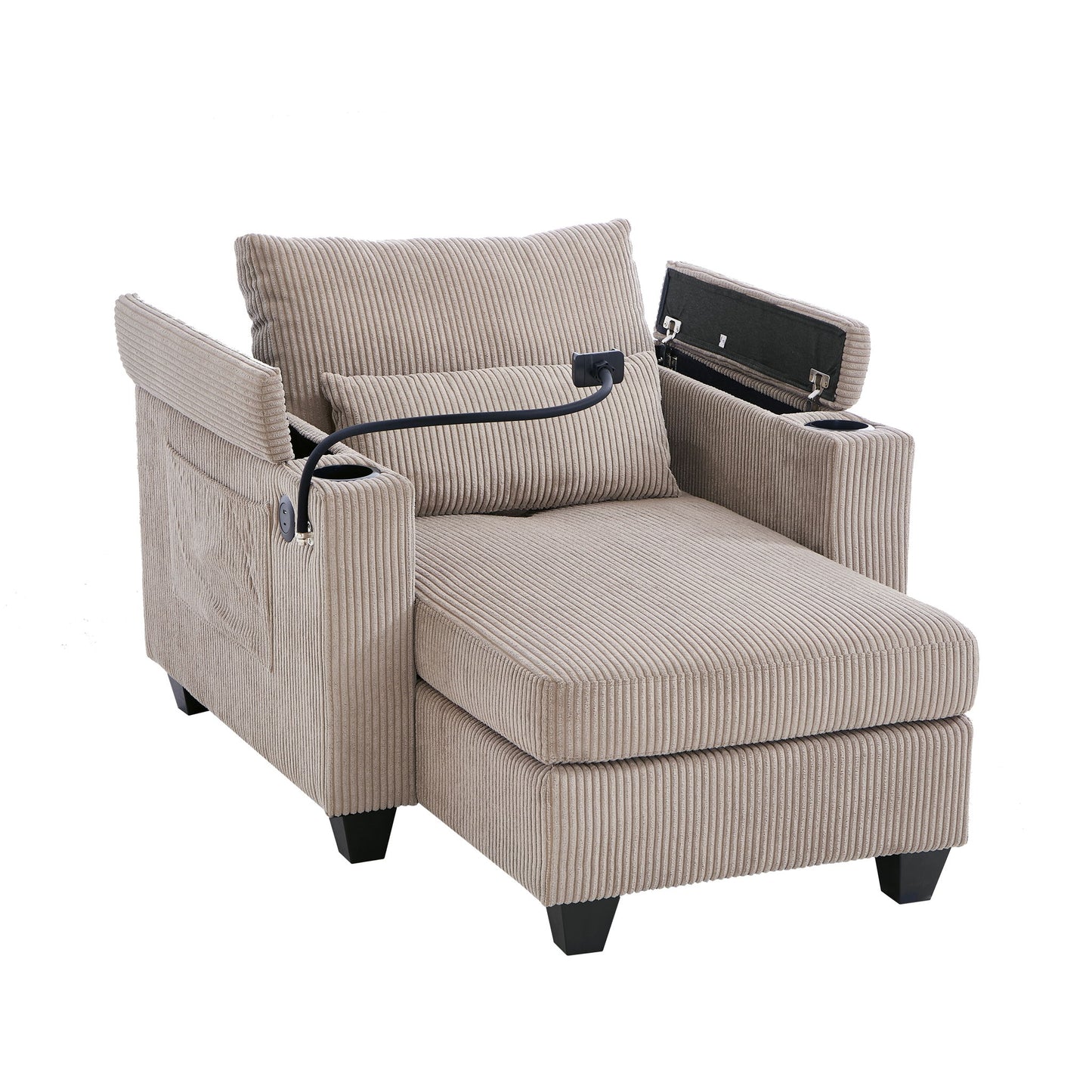 Convertible Chaise Lounge Sofa Chair With USB Ports, Cup Holders, Phone Holder And Storage Hearth and Haven