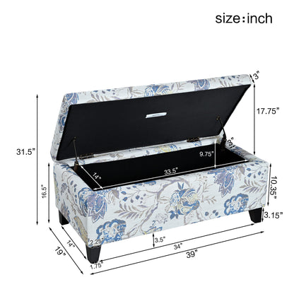 Luxury Storage Ottoman With Floral Patterned Fabric, Soft Close Hinges, Functional Footrest & Seat - Blue Flower / Blue Multi Noble House