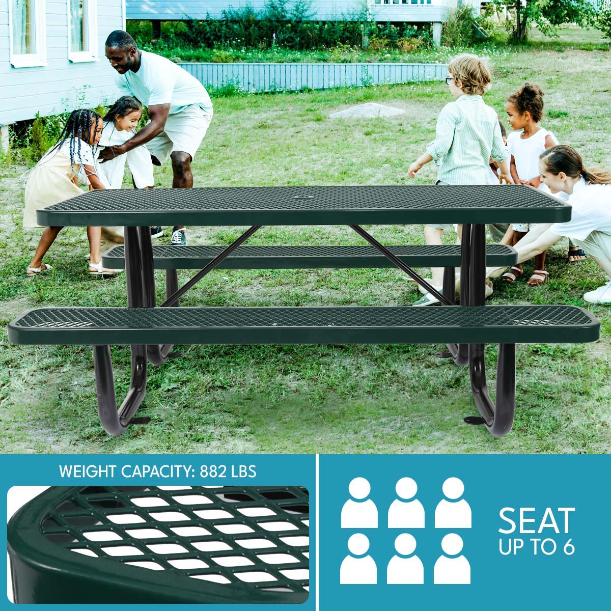 Outdoor Steel Picnic Rectangular Table With Umbrella Pole Home Essentials