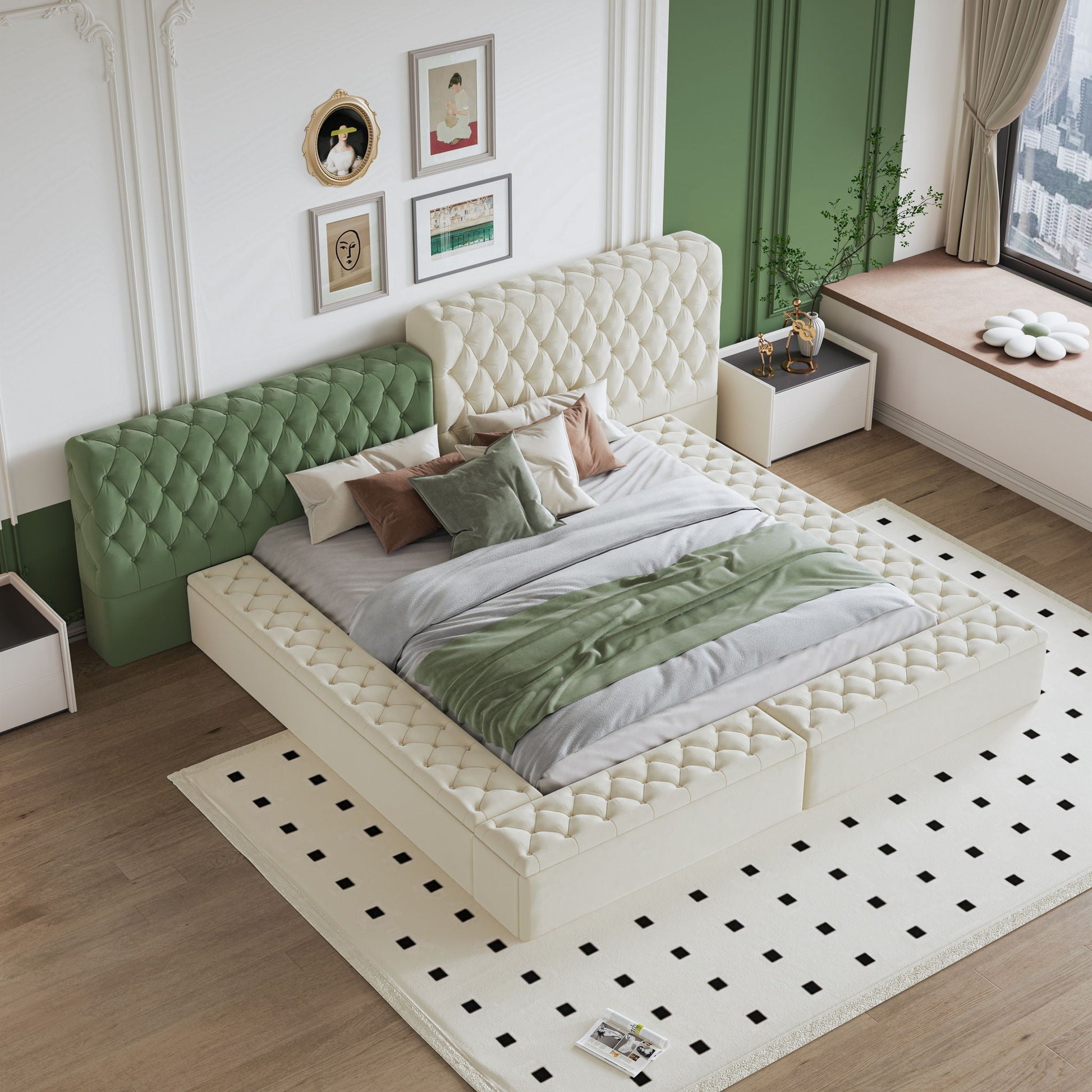 Modern Upholstered Platform Bed With Storage Space, Sturdy And Stable Solid Wood Frame Home Essentials
