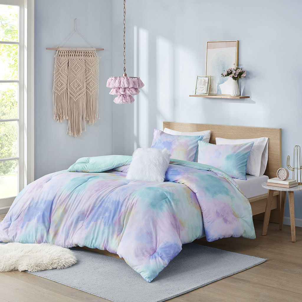 Cassiopeia - Watercolor Tie Dye Printed Comforter Set With Throw Pillow - Aqua Intelligent Design