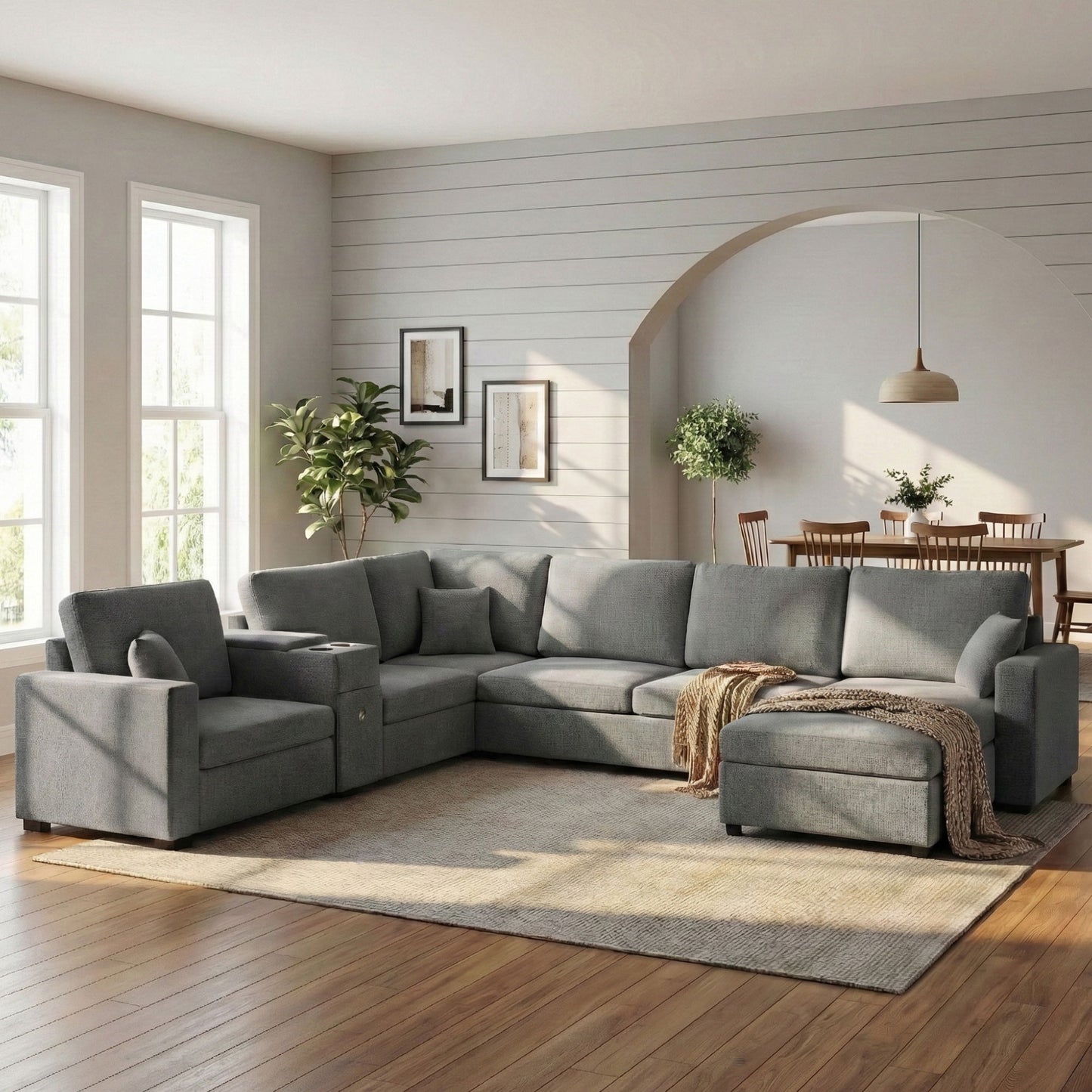 Modular 5 Seat U-Shape Sectional Sofa With Chaise Lounge, Built In Cup Holders And Storage Drawer Hearth and Haven