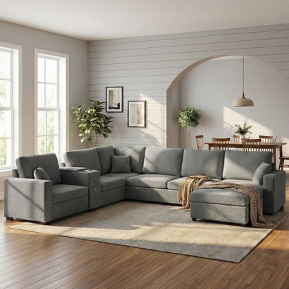 Modular 5 Seat U-Shape Sectional Sofa With Chaise Lounge, Built In Cup Holders And Storage Drawer Hearth and Haven