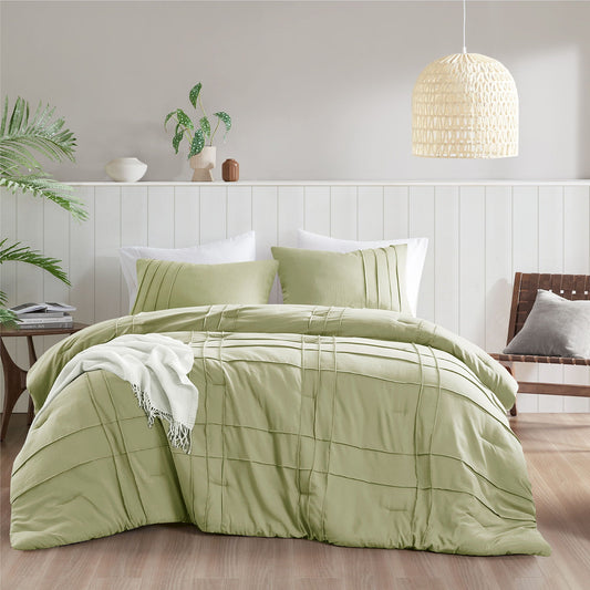 Porter - Full Soft Washed Pleated Comforter Set - Sage Super Listing