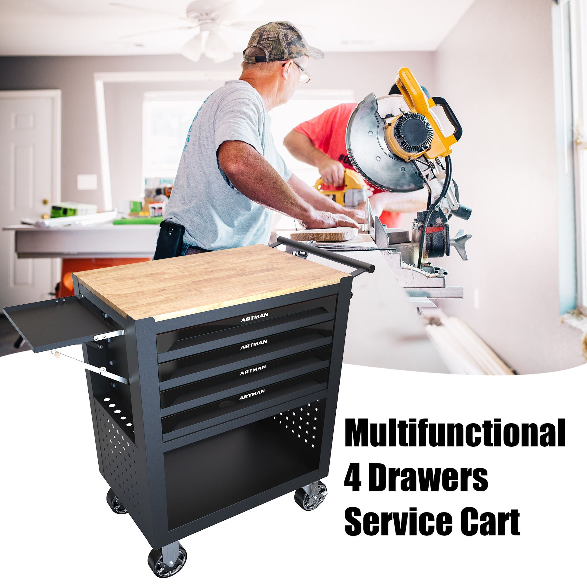 4 Drawers Multifunctional Tool Cart With Wheels And Wooden Top Daily Nest