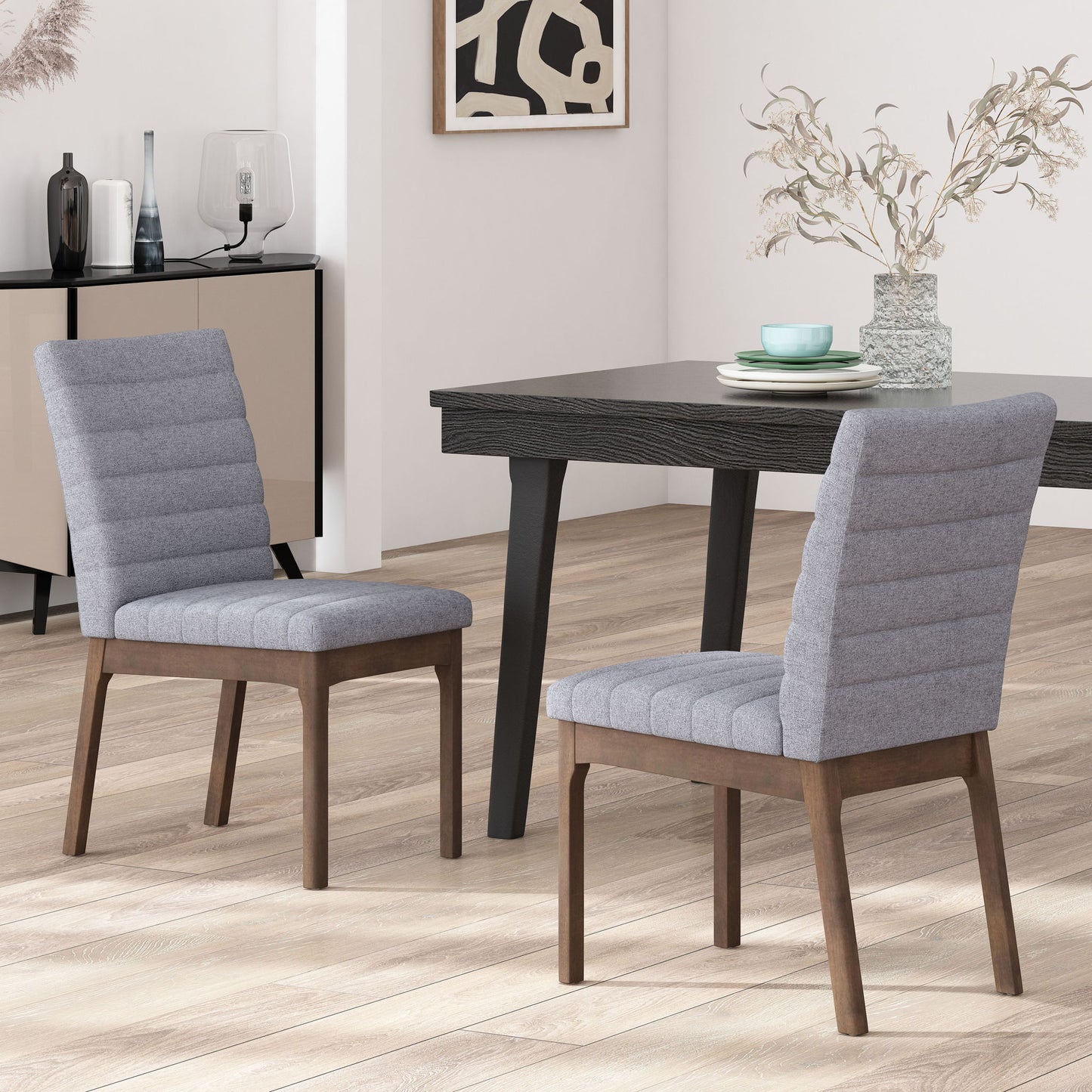 Mid Century Modern Dining Chair (Set of 2) With Channel Stitching - Dark Gray Noble House
