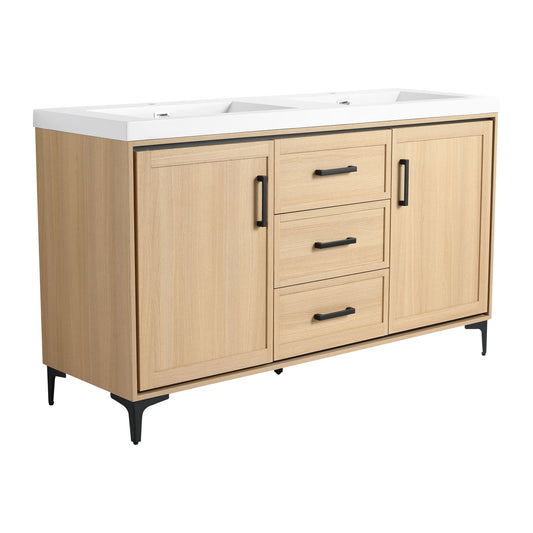 Original 60" Freestanding Bathroom Vanity With Double Resin Sink Plywood Soft Closing Doors & Drawers - Oak Home Essentials