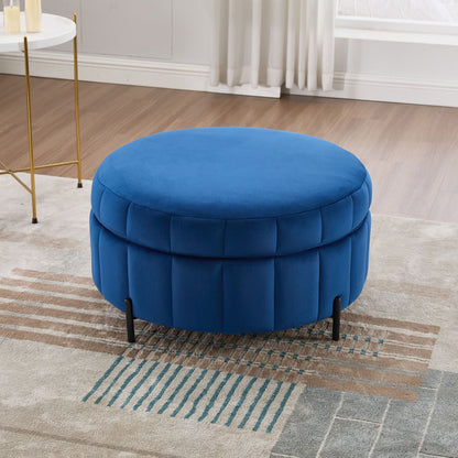 Upholstered Round Ottoman With Reversible Lid, Channel Tufted Pumpkin Shape Home Essentials