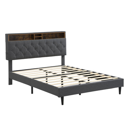Modern Upholstered Platform Bed Frame With Button Tufted Headboard And USB Ports Home Essentials