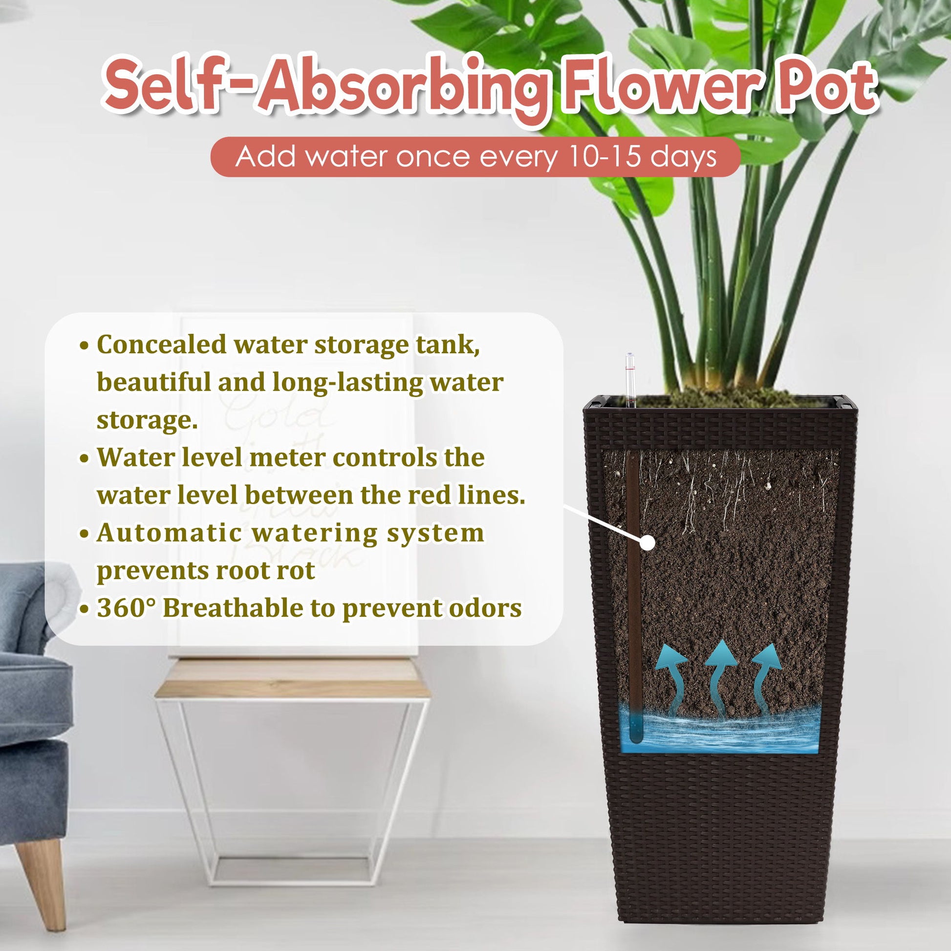 Large Self Watering Flower Pot With Drainage Holes & Inner Tray Daily Nest