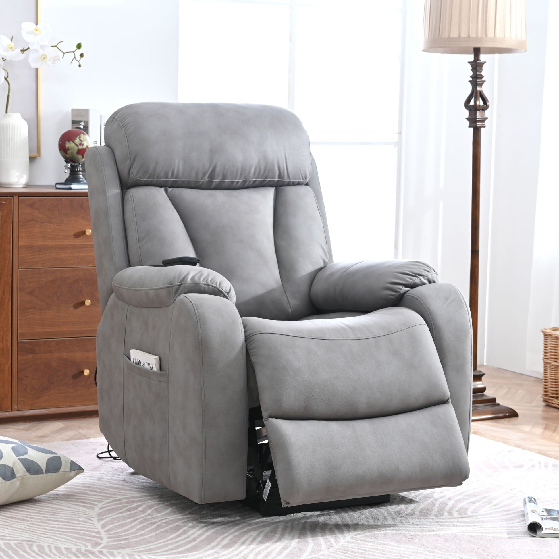 Electric Power Lift Recliner Chair, Fabric Recliner Chair, Home Theater Seating, Living Room Chair, Side Pocket, Remote Control - Light Gray Home Essentials