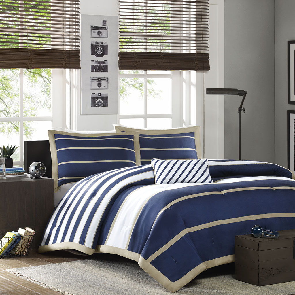 Ashton - Comforter Set - Khaki / Navy