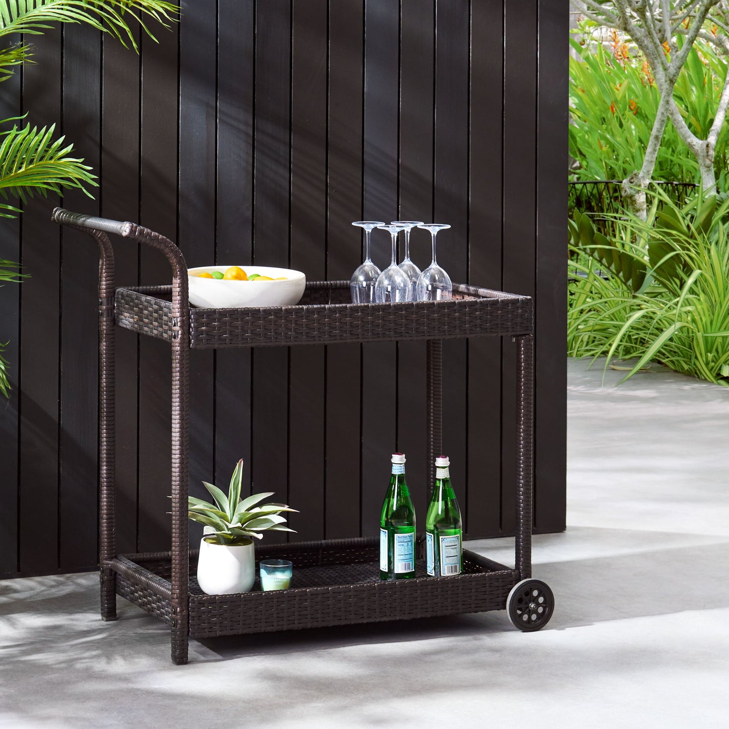 Resin Wicker Bar Cart With Metal Frame - Brown Noble House