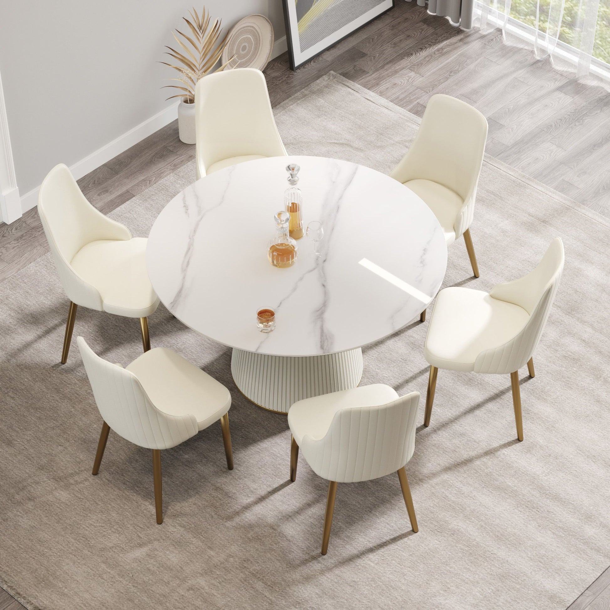 Modern Artificial Stone Round Plywood Base Dining Table, Can Accommodate 6 People, (Not Including Chairs) - White / Beige Home Essentials