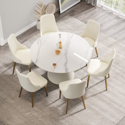 Modern Artificial Stone Round Plywood Base Dining Table, Can Accommodate 6 People, (Not Including Chairs) - White / Beige Home Essentials