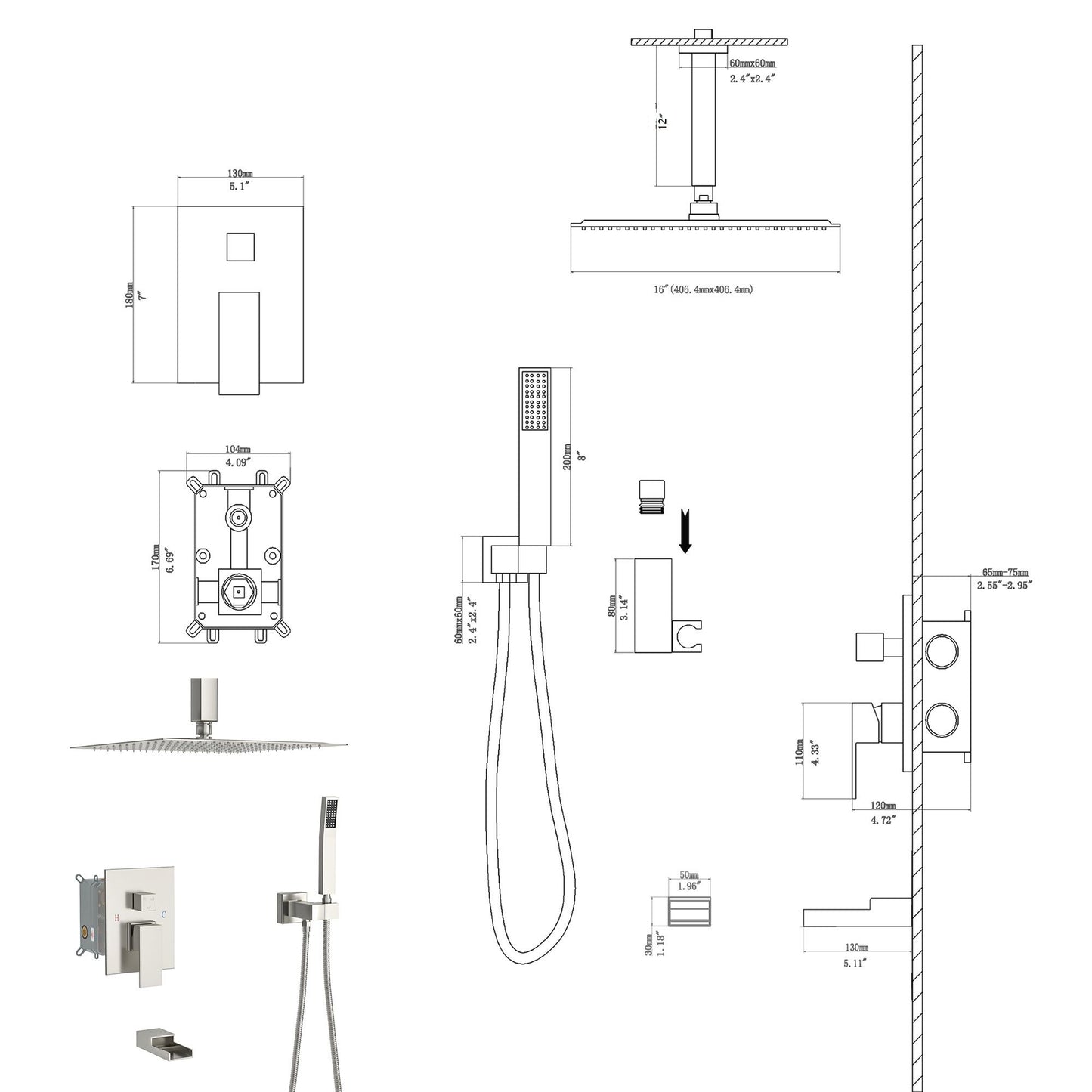 16" Ceiling Mount Square Shower System With Waterfall Tub Spout And Rough In Valve Daily Nest