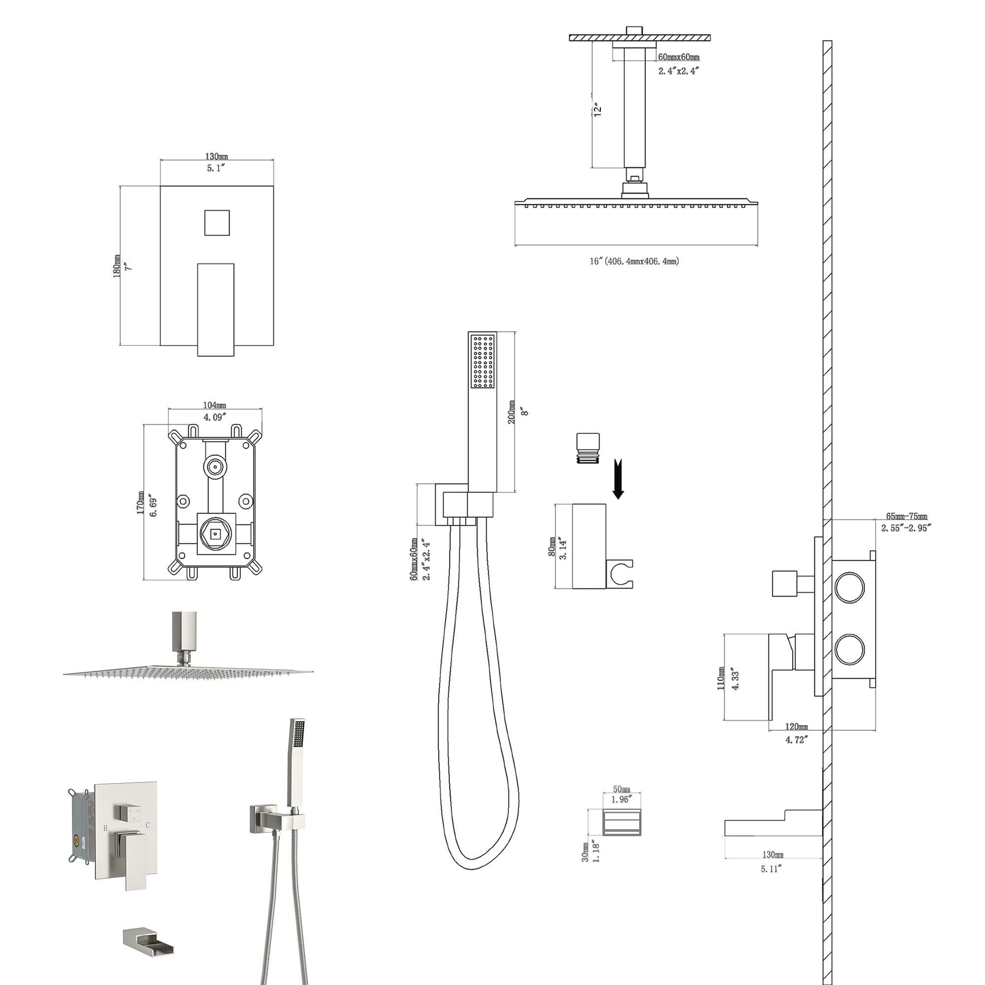 16" Ceiling Mount Square Shower System With Waterfall Tub Spout And Rough In Valve Daily Nest