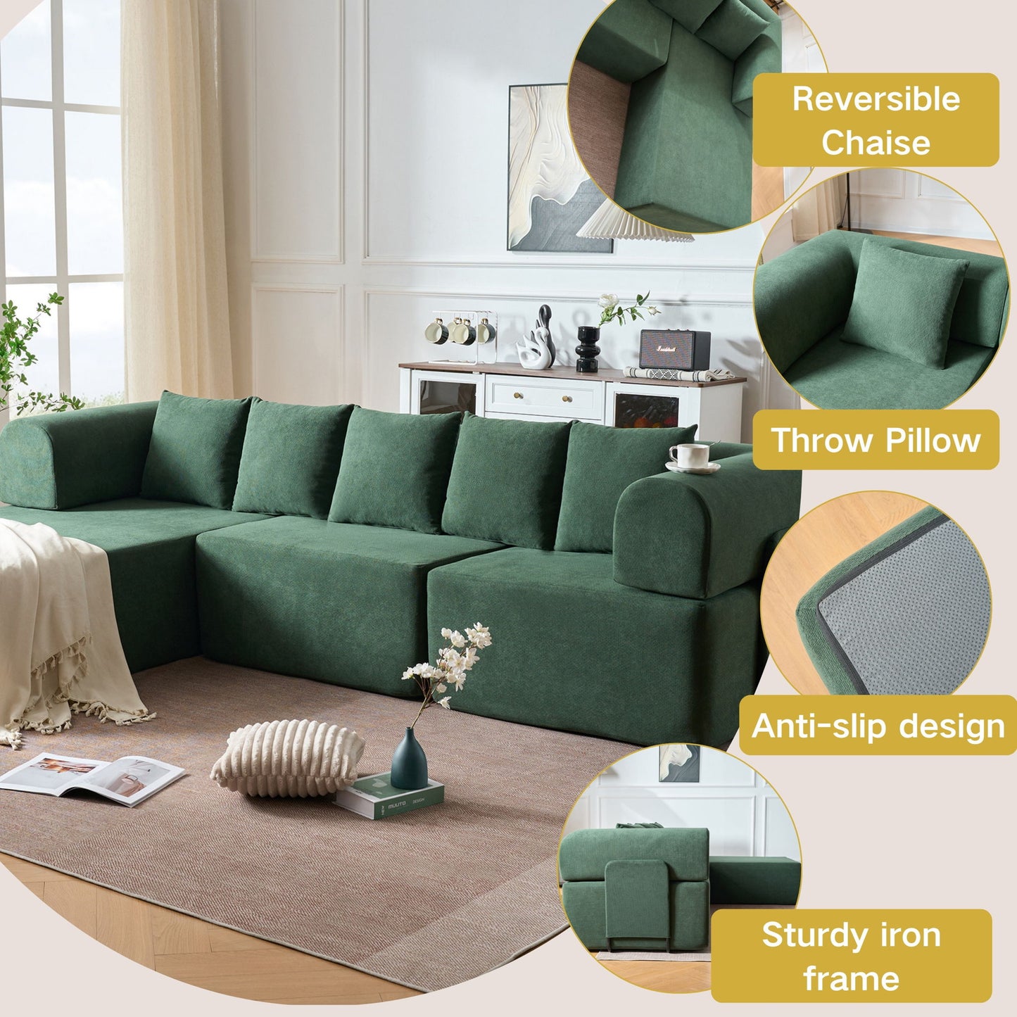 Modular L-Shaped Sectional Sofa With Deep Seat, Movable Chaise & 5 Pillows Home Essentials