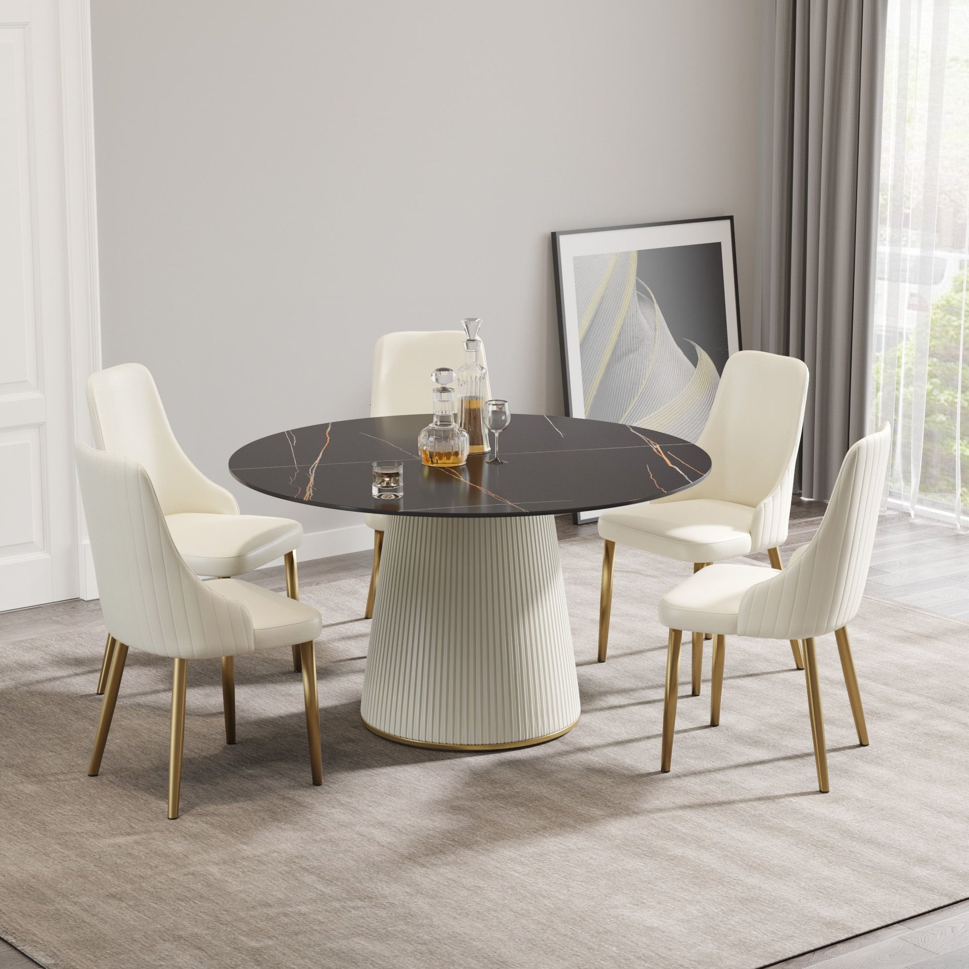 Modern Artificial Stone Round Plywood Base Dining Table, Can Accommodate 6 People, (Not Including Chairs) - Black / Beige Home Essentials