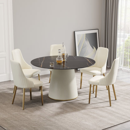 Modern Artificial Stone Round Plywood Base Dining Table, Can Accommodate 6 People, (Not Including Chairs) - Black / Beige Home Essentials