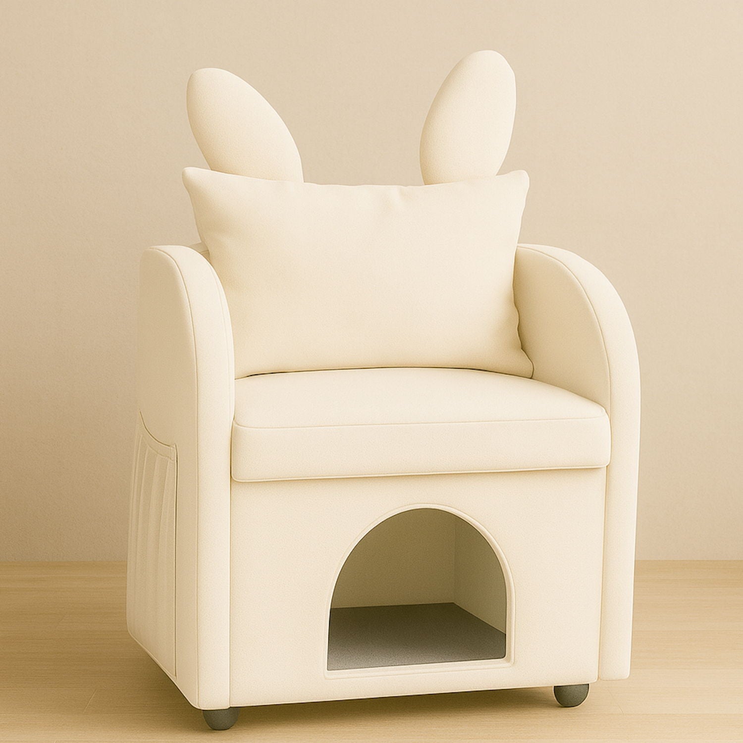 Bunny Ear Pet Friendly Armchair With Hidden Pet House With Storage Pocket For Bedroom & Living Room - Beige Home Essentials