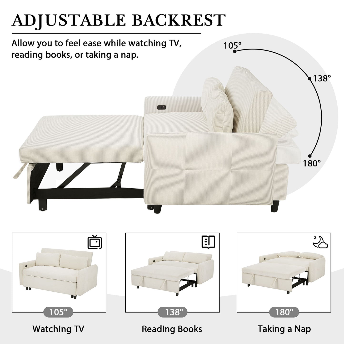 Pull-Out 2 Seat Modern Sleeper Sofa With 2 Throw Pillows And USB Ports Hearth and Haven