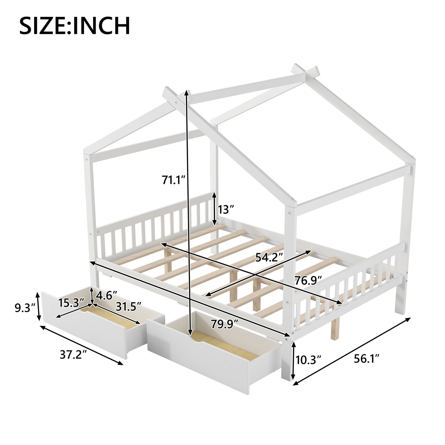 House Style Platform Bed With Headboard, Footboard, 2 Drawers, And Roof Design Hearth and Haven