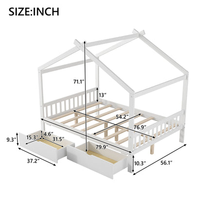 House Style Platform Bed With Headboard, Footboard, 2 Drawers, And Roof Design Hearth and Haven