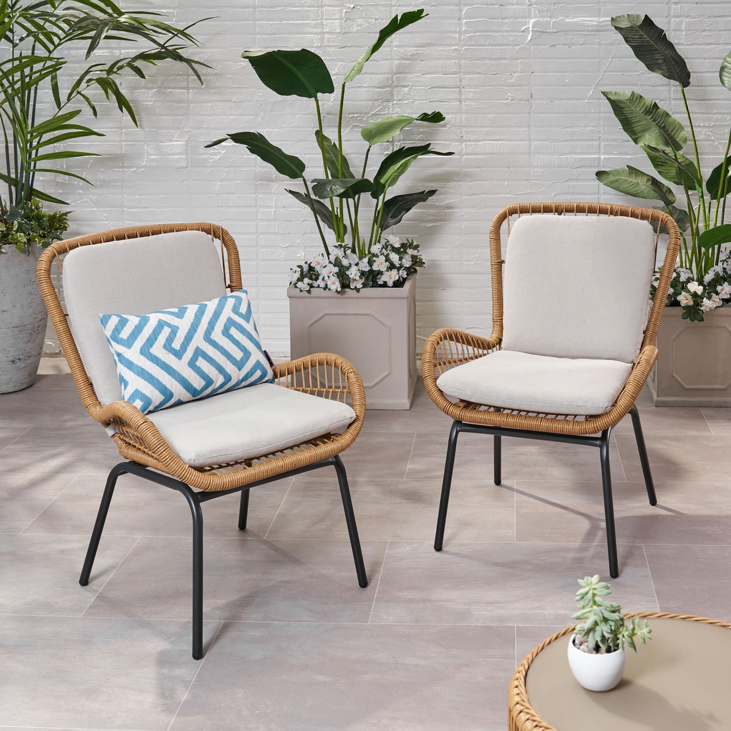 Outdoor Wicker Club Chair With Cushions (Set of 2) Noble House