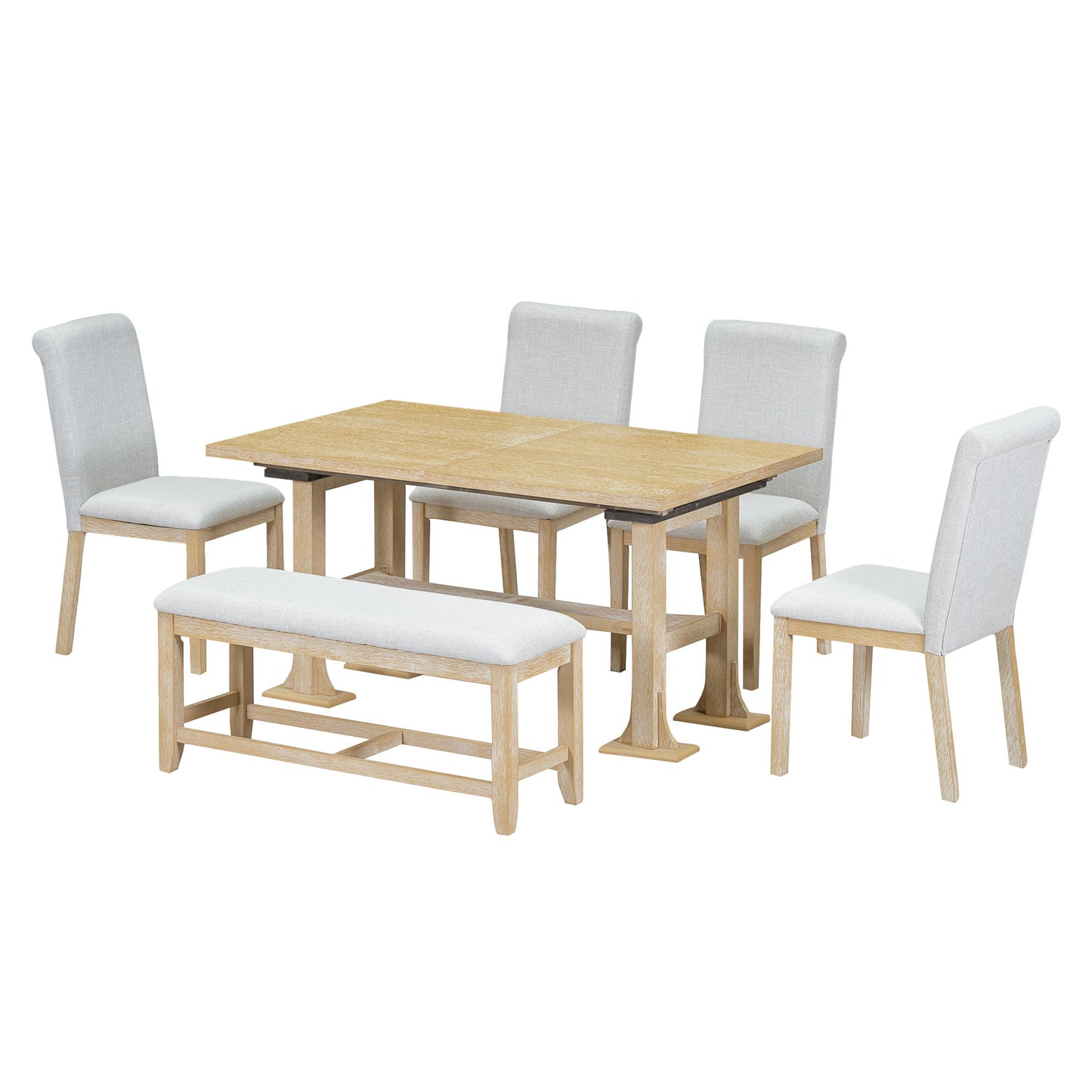 Topmax - 6 Piece Farmhouse Extendable Dining Table Set Trestle Kitchen Table Set With Removable Leaf And Upholstered Dining Chair And Bench For Dining Room Hearth and Haven