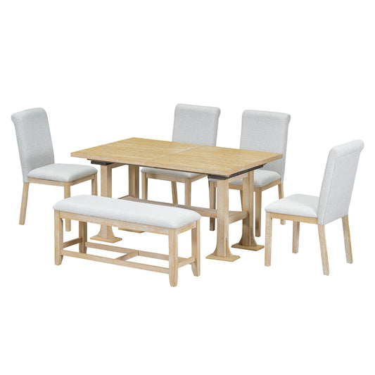 Topmax - 6 Piece Farmhouse Extendable Dining Table Set Trestle Kitchen Table Set With Removable Leaf And Upholstered Dining Chair And Bench For Dining Room Hearth and Haven