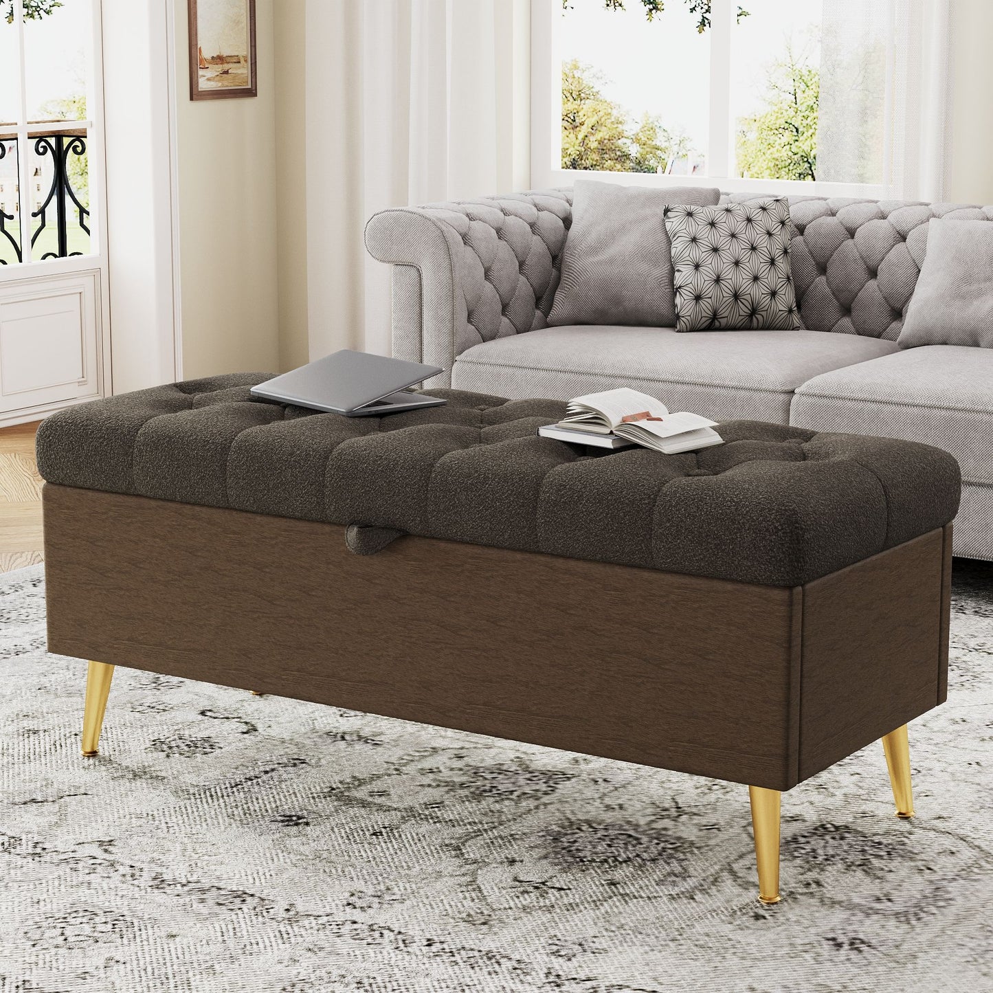 Modern Tufted Storage Ottoman Bench With Metal Legs Hearth and Haven