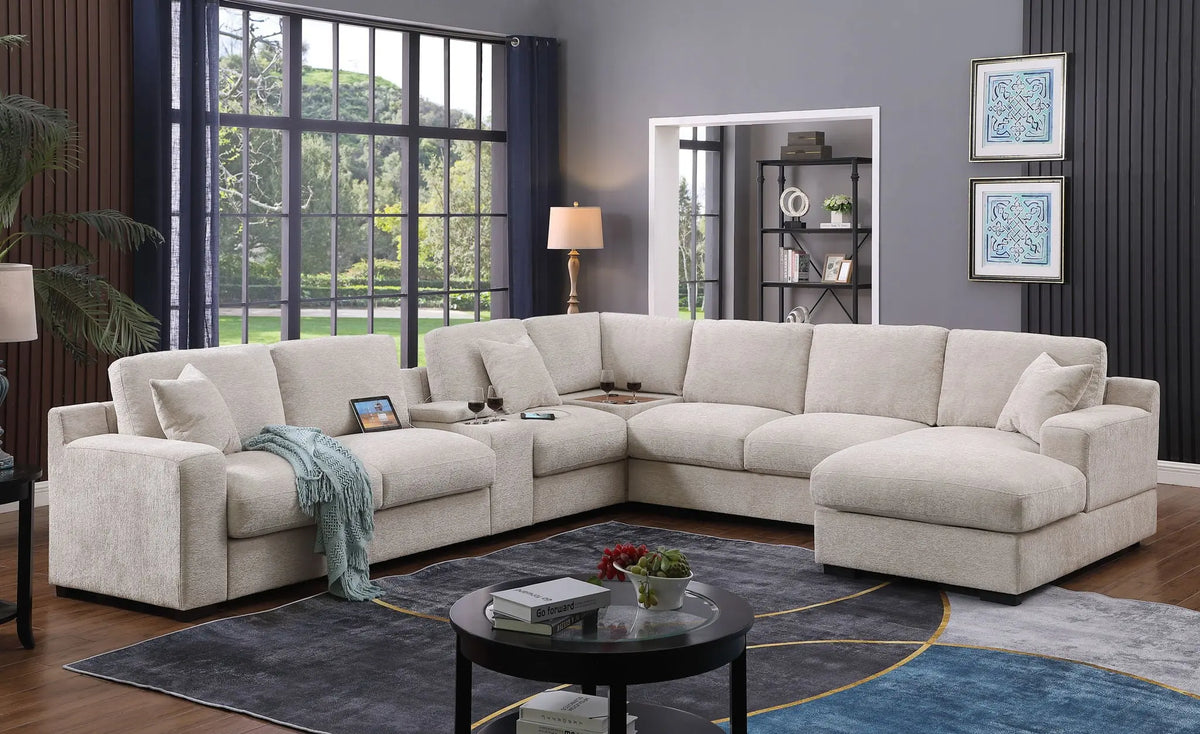 Celine - Chenille Fabric Corner Sectional Sofa With Right-Facing Chaise, Cupholders, And Charging Ports Lilola Home