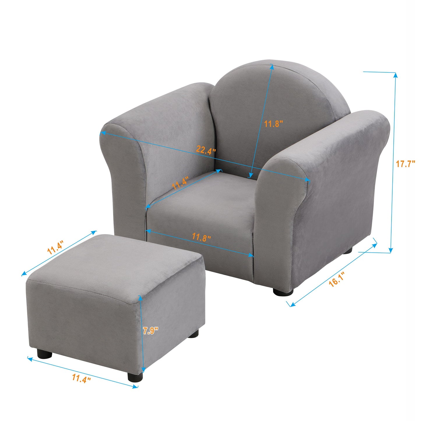 Kids Velvet Upholstered Chair With Ottoman For Comfortable Seating - Gray Home Essentials