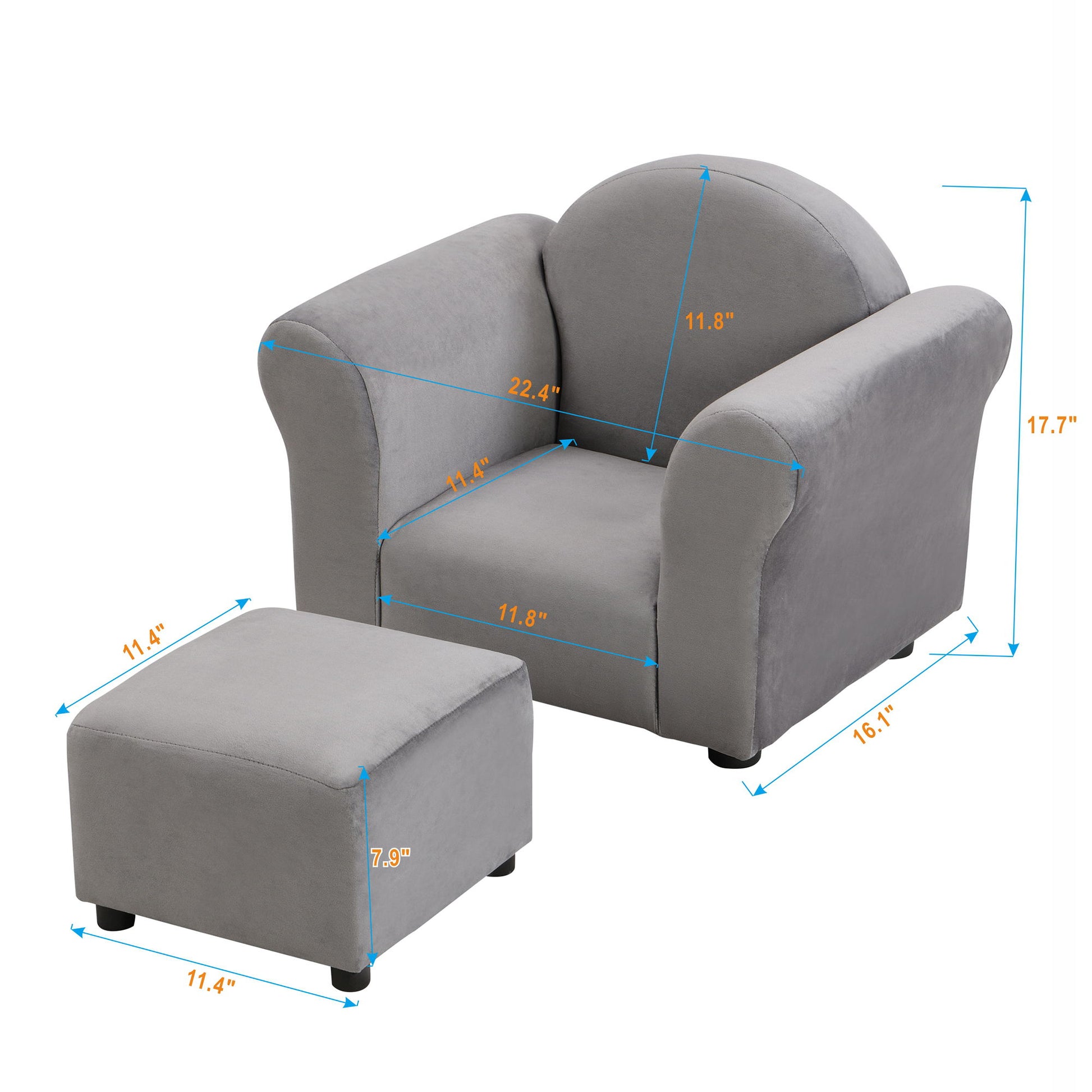 Kids Velvet Upholstered Chair With Ottoman For Comfortable Seating - Gray Home Essentials
