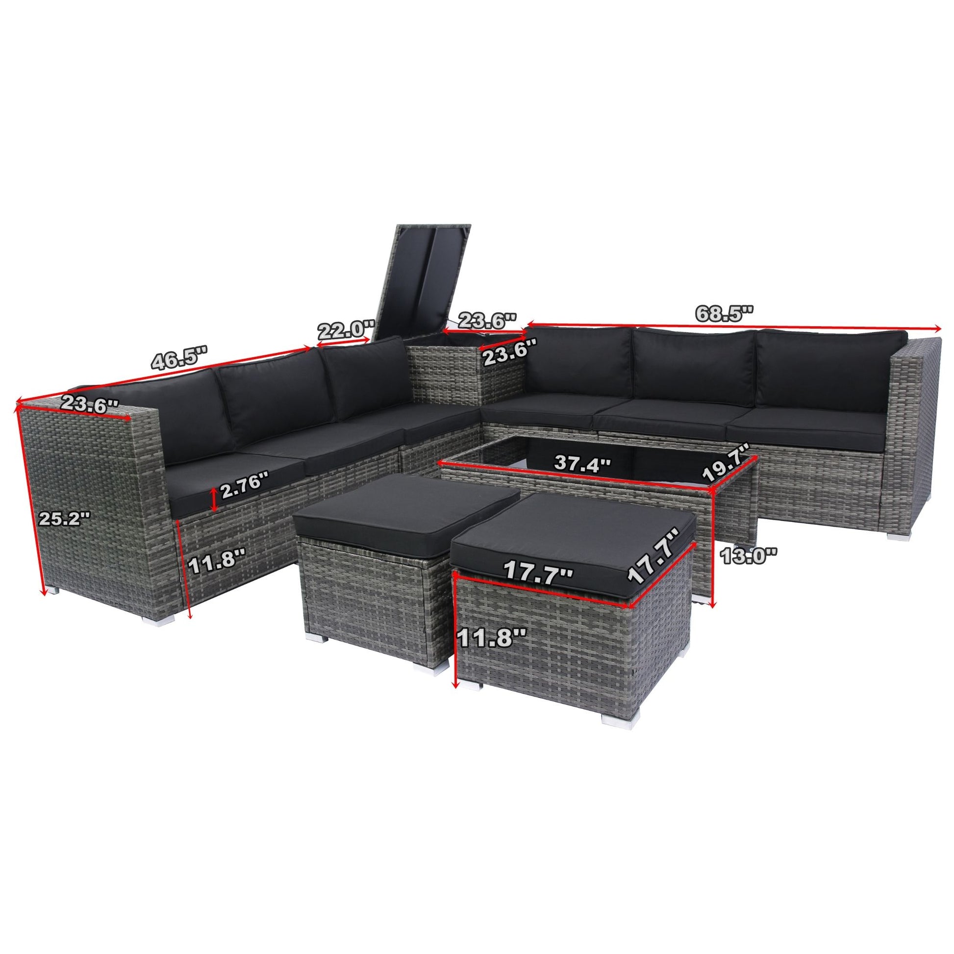 8 Piece Patio Sectional Wicker Rattan Outdoor Furniture Sof Set With One Storage Box Under Seat And Cushion Box - Gray / Black Home Essentials