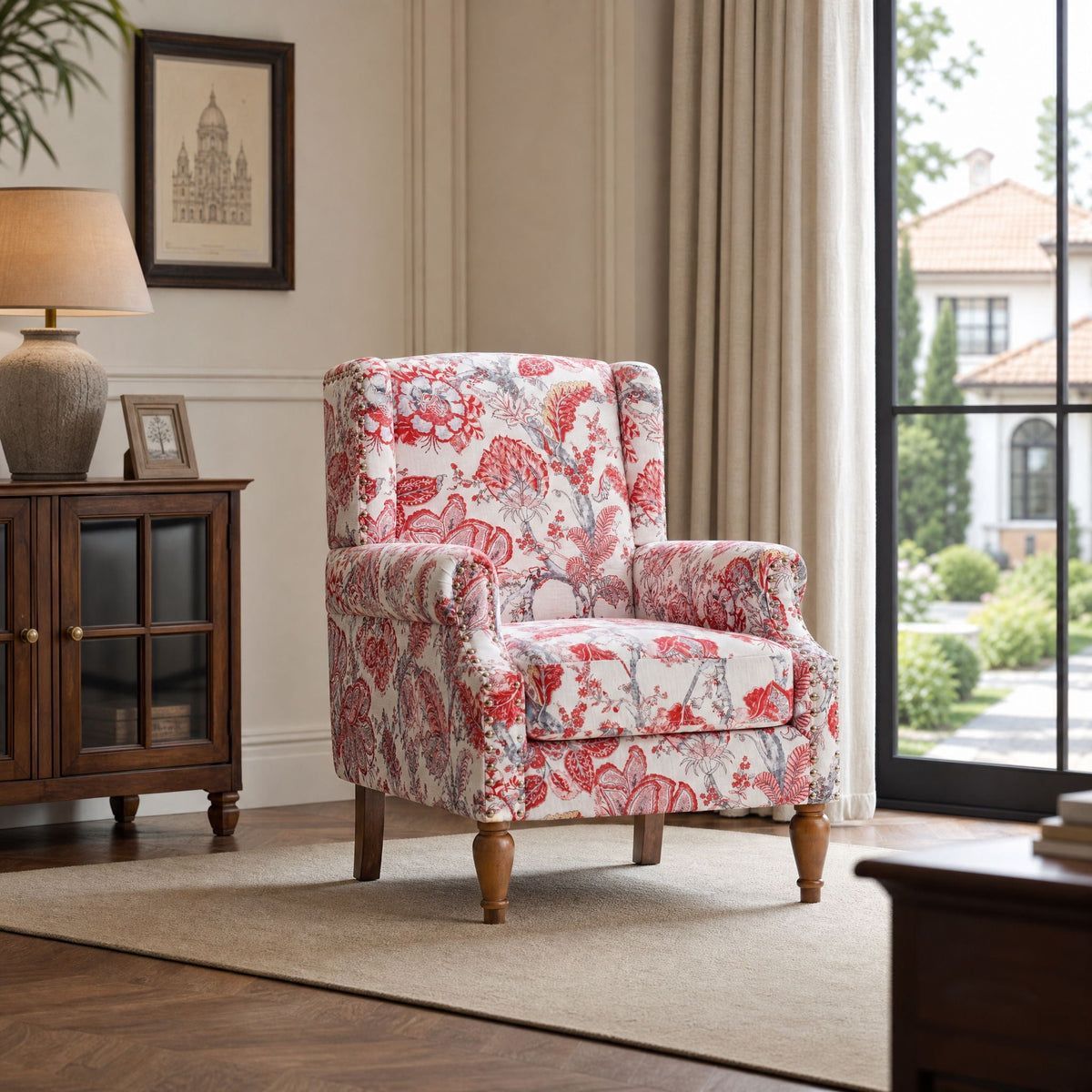 Accent Chair With Floral Upholstery And Nailhead Trim Home Essentials