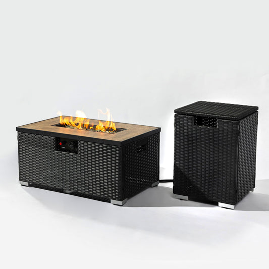 32" Propane Gas Fire Pit Table With Propane Tank Cover, 50000 Btu Rectangular Steel Fire Pit With Beautiful Wicker Base Home Essentials
