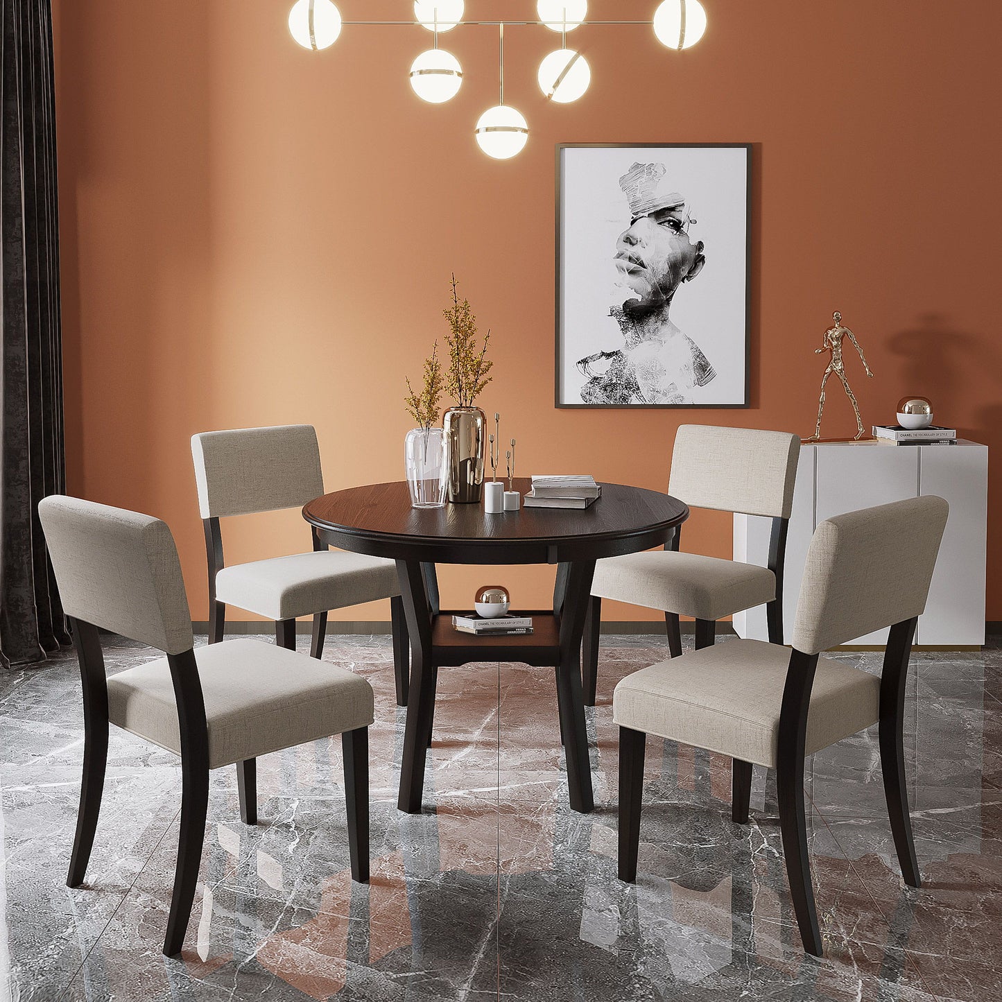 5 Piece Kitchen Dining Table Set Round Table With Bottom Shelf, 4 Upholstered Chairs For Dining Room - Espresso