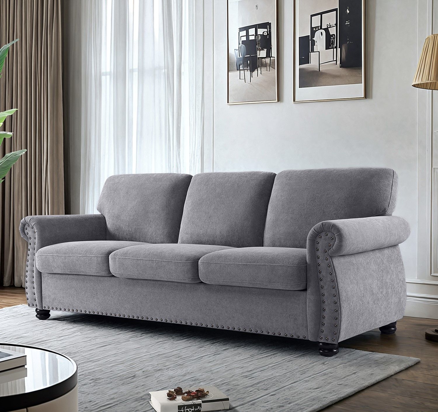 Soft Sofa, Upholstered 3 Seater Couch With High Density Foam, Loose Back Cushions And Turned Legs US Pride