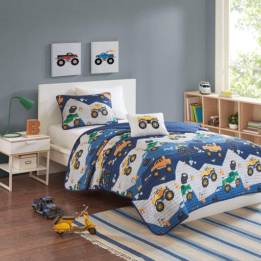 Nash - Monster Truck Reversible Coverlet Set - Blue